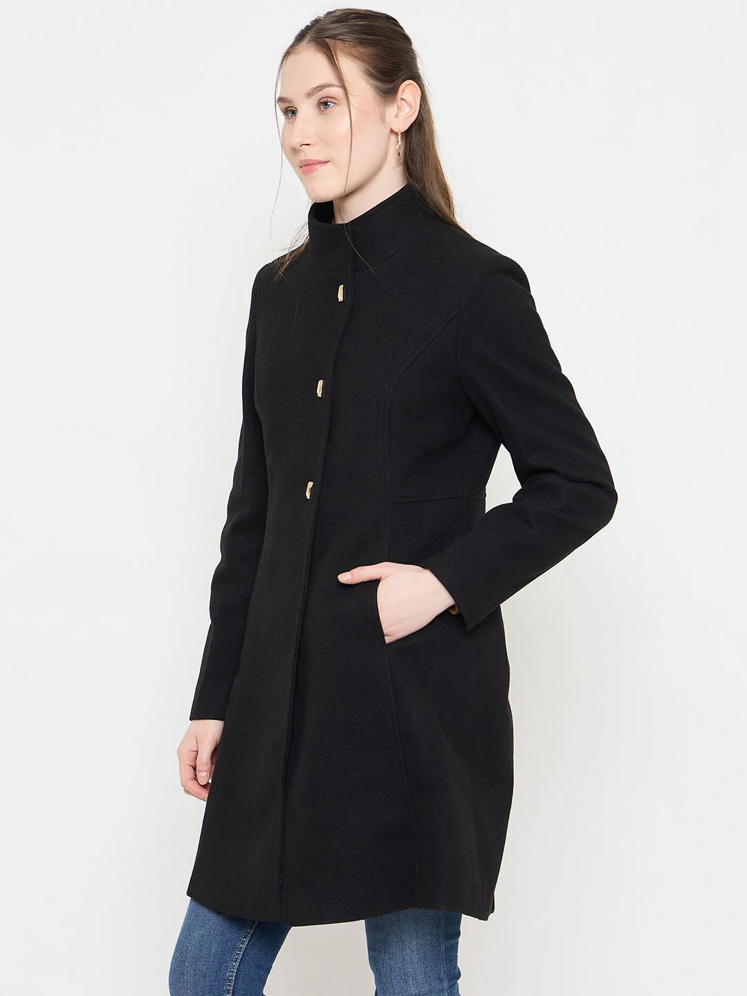 Madame Black Long Coat with Stand Collar and Buttons - Image 3