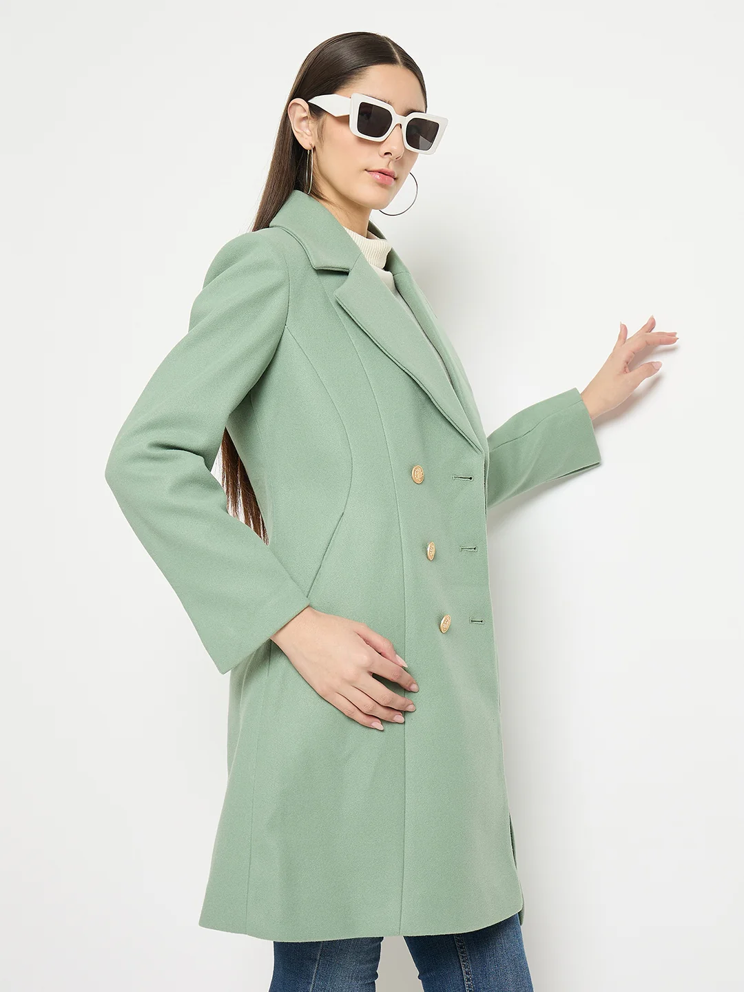 Madame Lapel Notch Collar Green Long Coat - Image 2