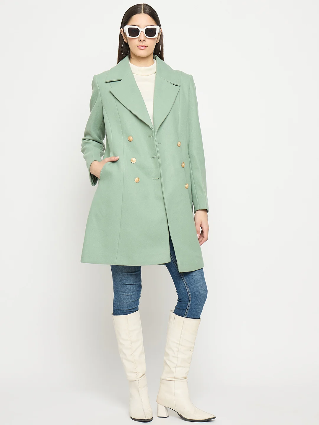 Madame Lapel Notch Collar Green Long Coat - Image 3