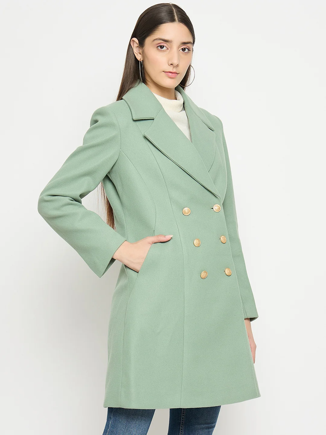 Madame Lapel Notch Collar Green Long Coat - Image 4
