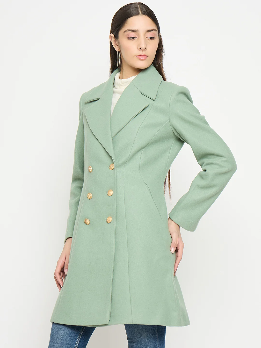Madame Lapel Notch Collar Green Long Coat - Image 5