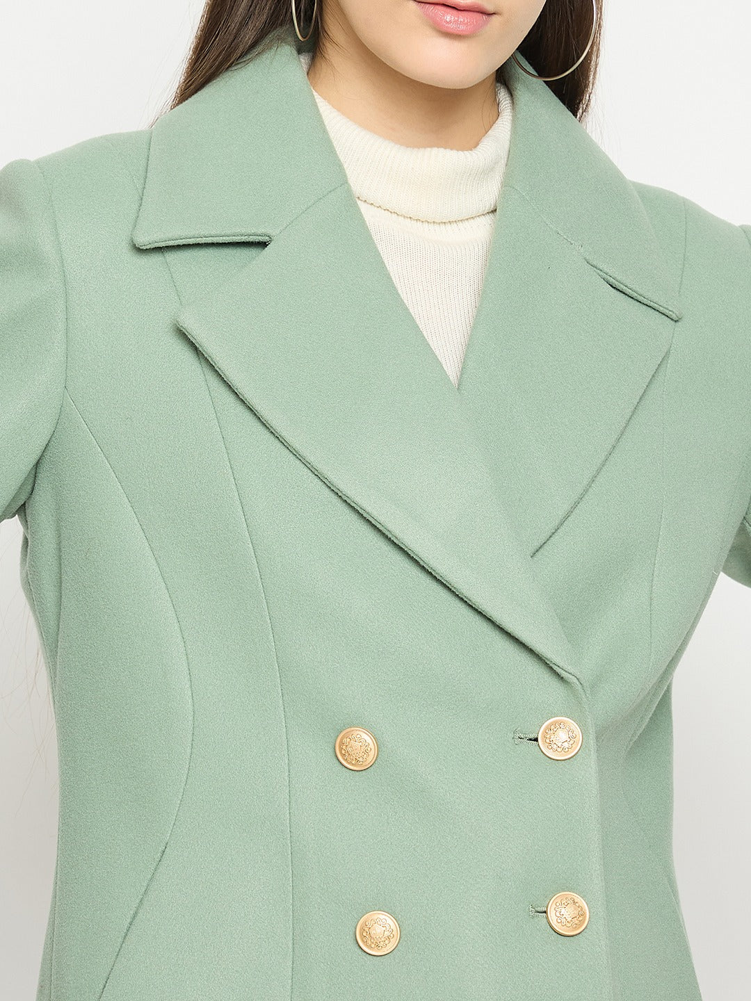 Madame Lapel Notch Collar Green Long Coat - Image 7