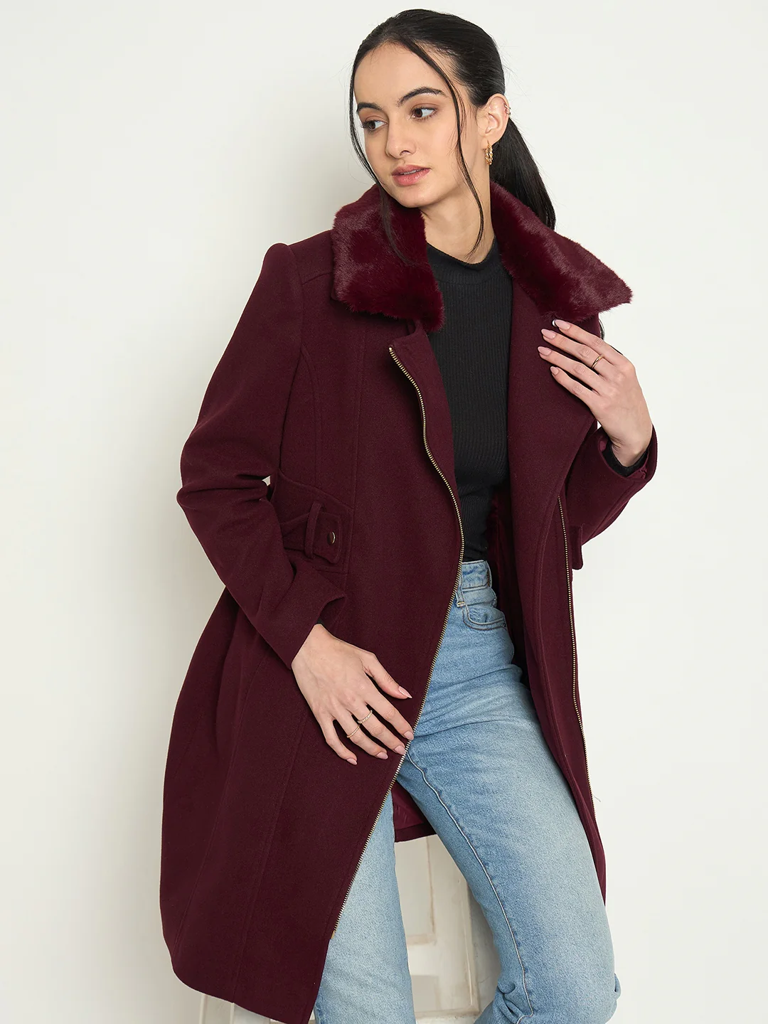 Madame Shirt Collar Maroon Long Coat - Image 2