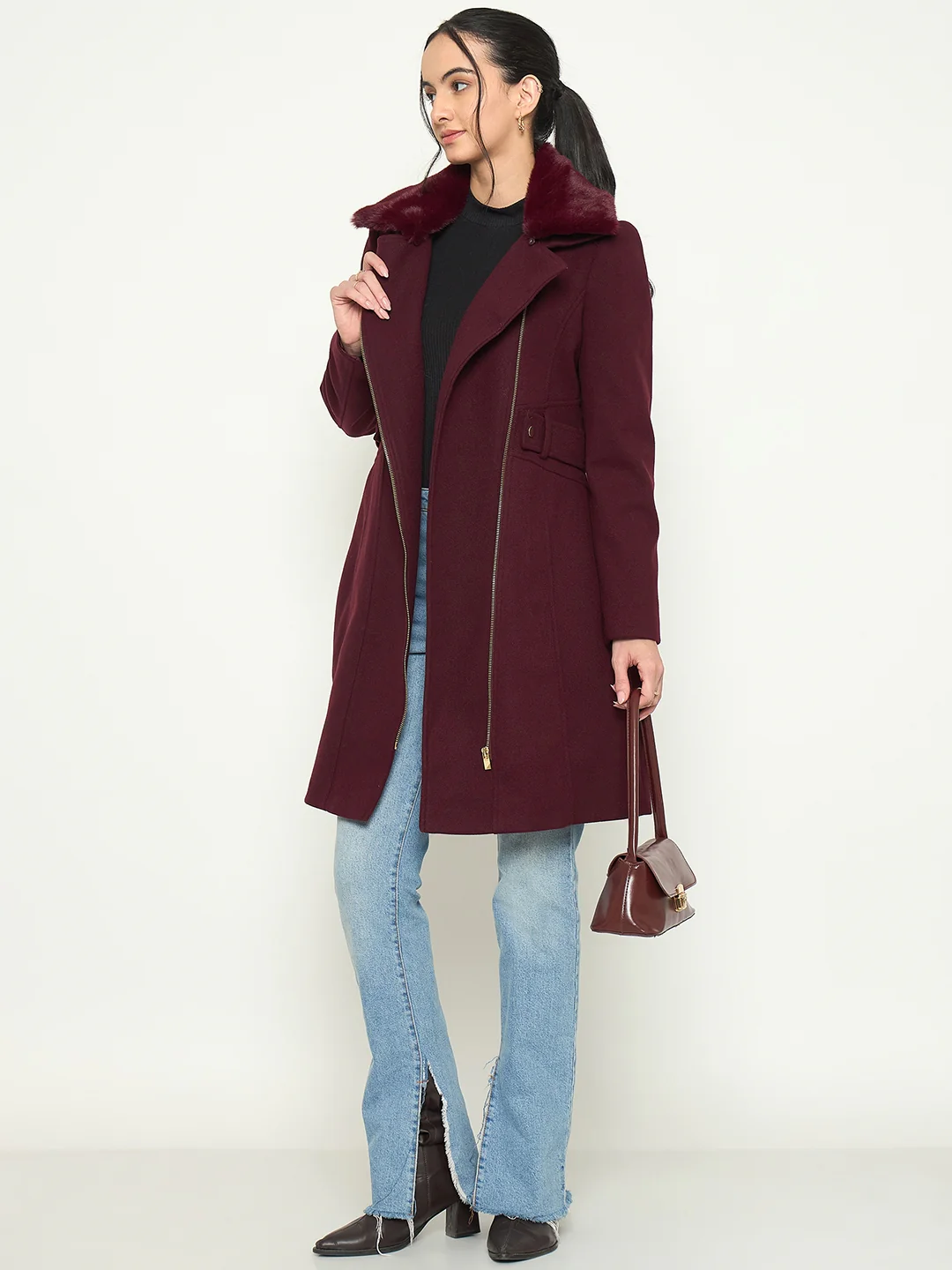 Madame Shirt Collar Maroon Long Coat - Image 3