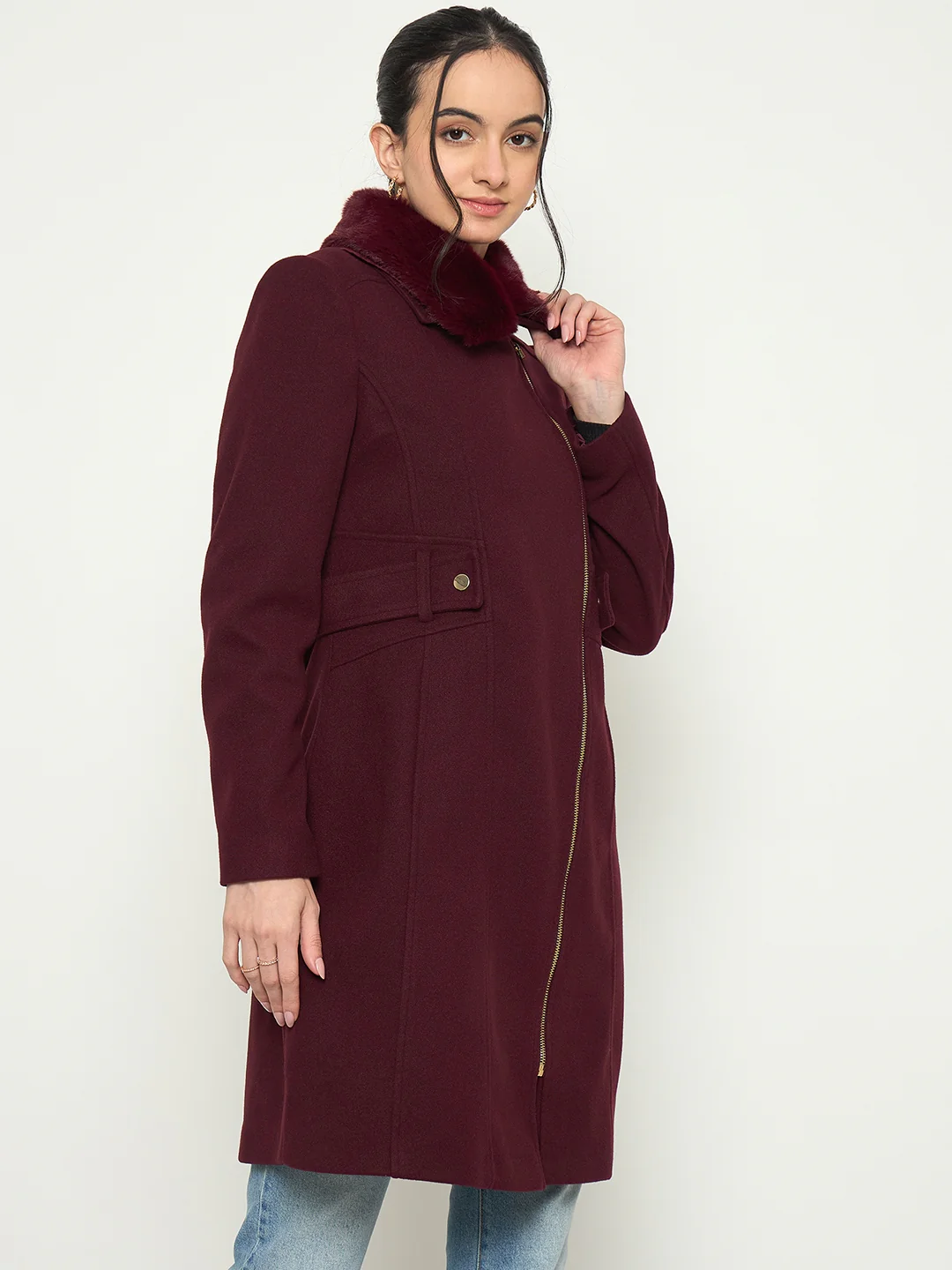 Madame Shirt Collar Maroon Long Coat - Image 4