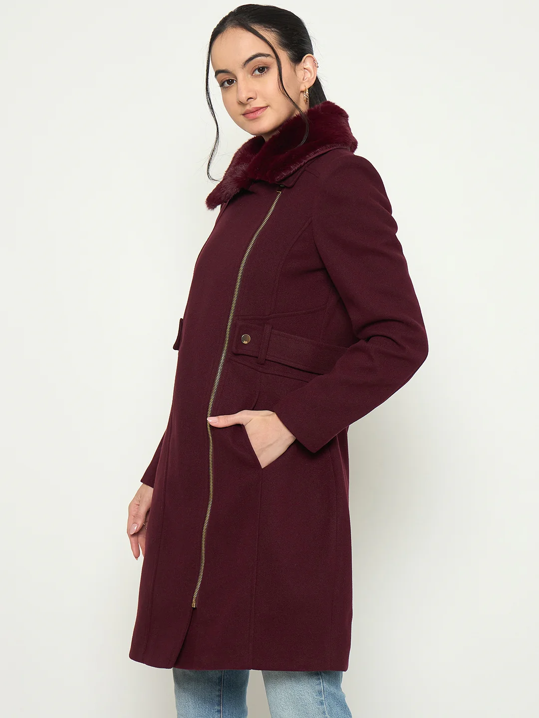 Madame Shirt Collar Maroon Long Coat - Image 5