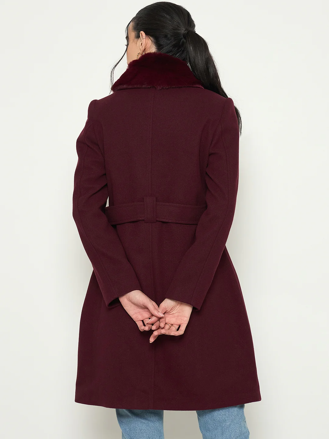 Madame Shirt Collar Maroon Long Coat - Image 6