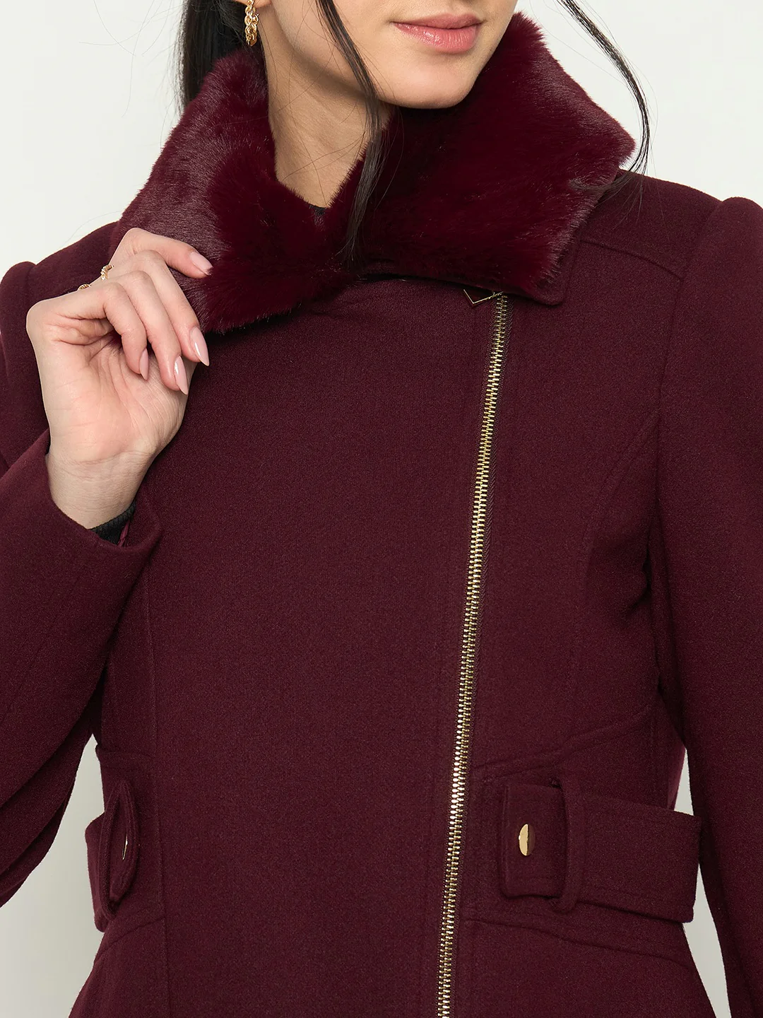 Madame Shirt Collar Maroon Long Coat - Image 7