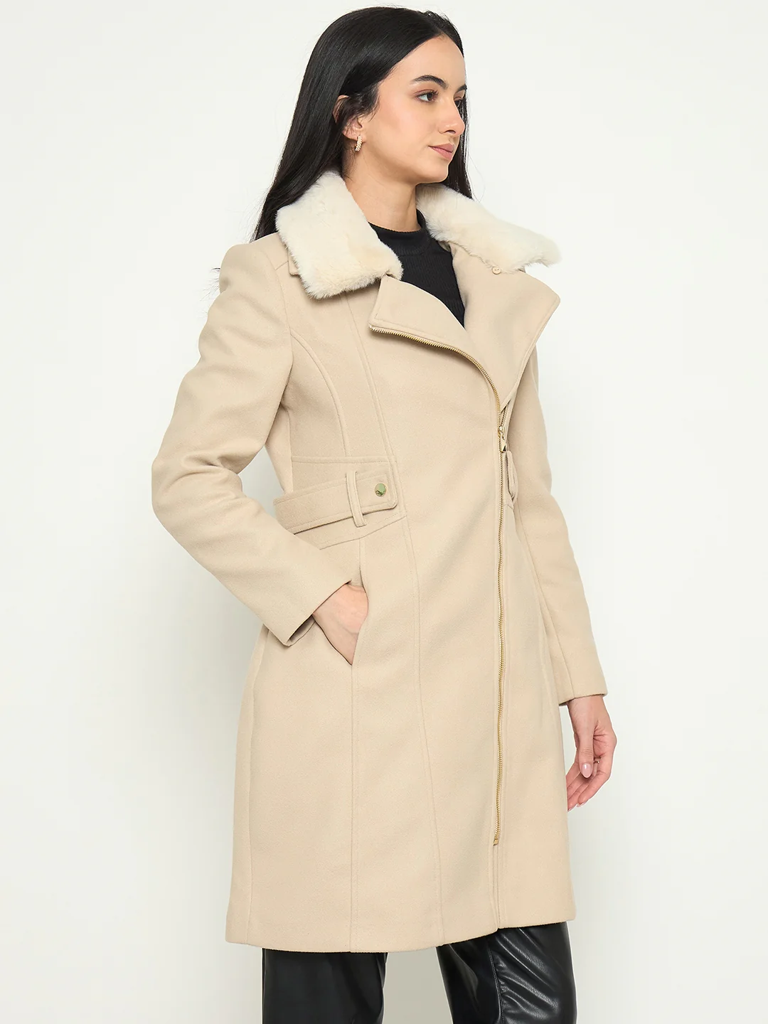 Madame Shirt Collar Off White Long Coat - Image 4