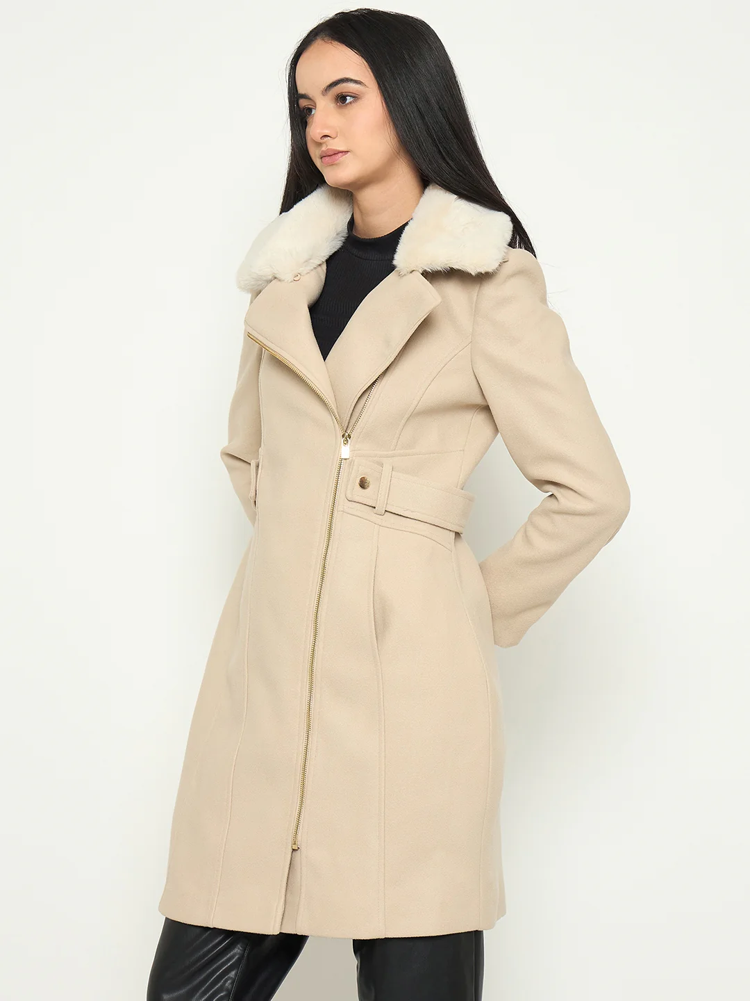 Madame Shirt Collar Off White Long Coat - Image 5