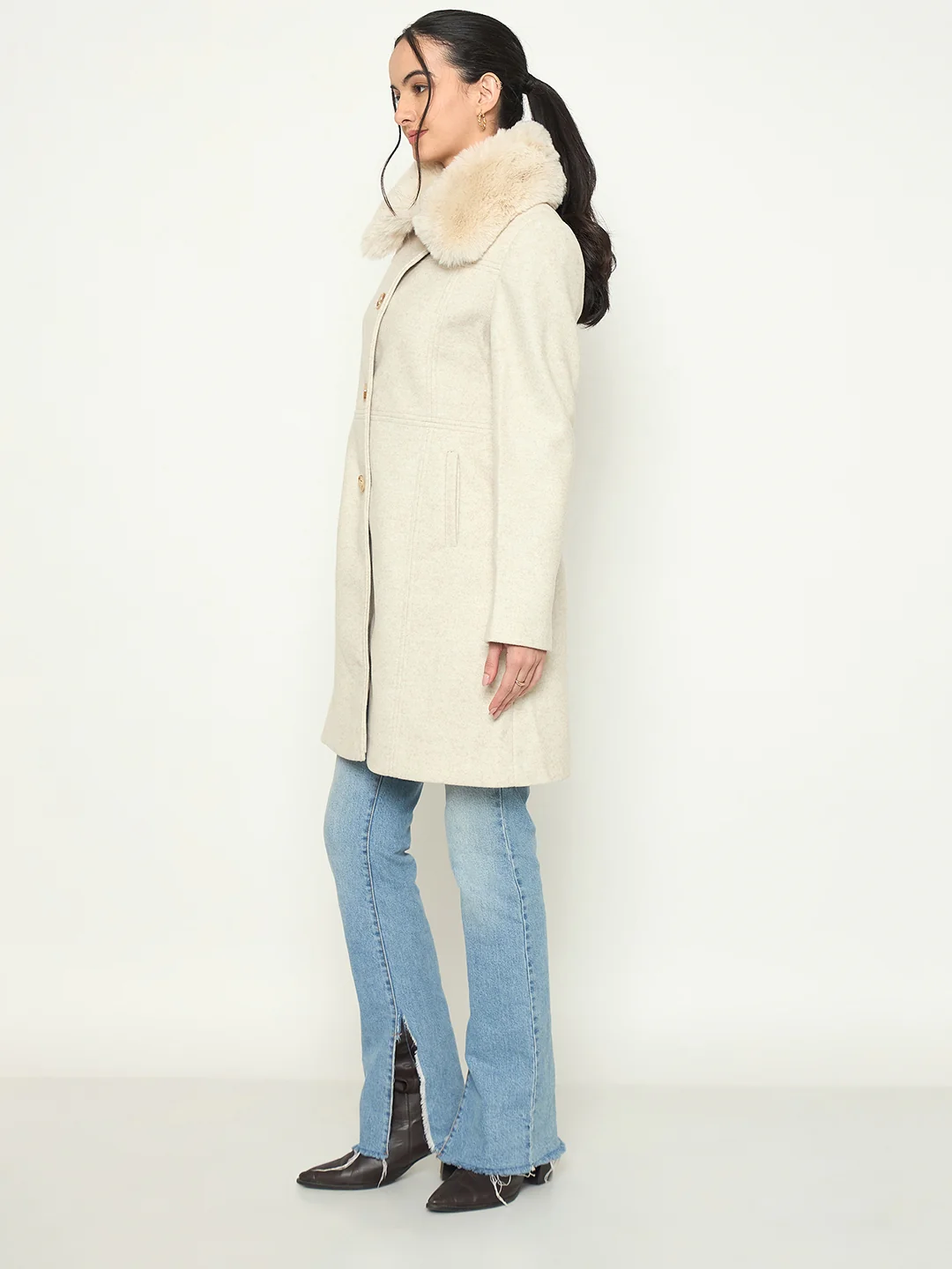 Madame Shirt Collar Beige Long Coat - Image 5