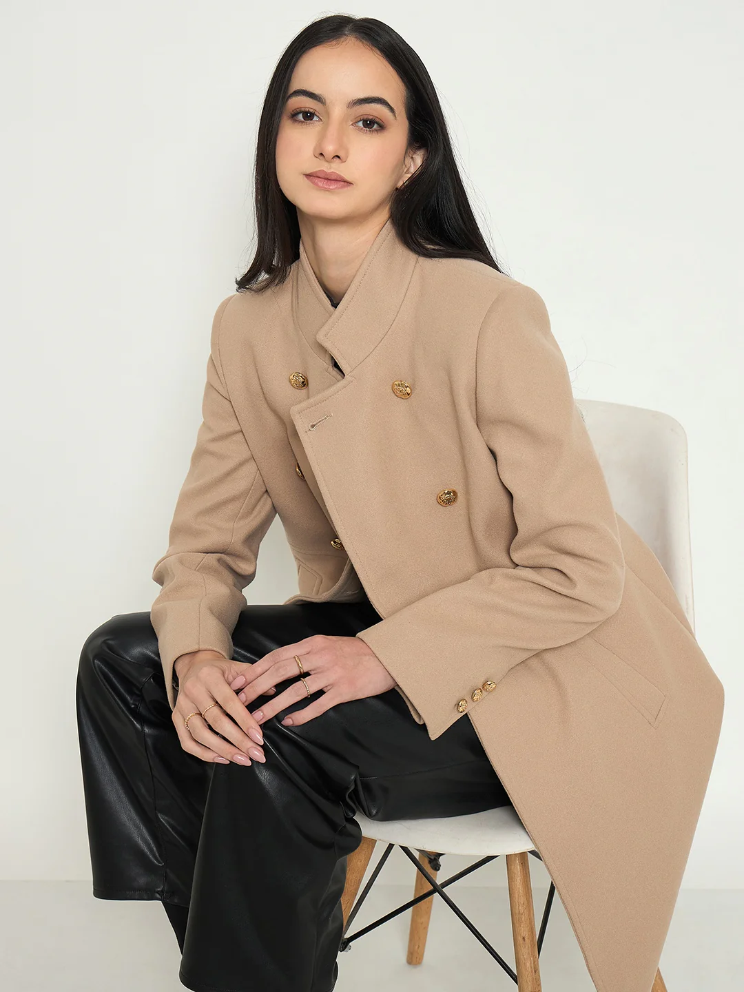 Madame Beige Long Coat with Stand COllar and Buttons - Image 2