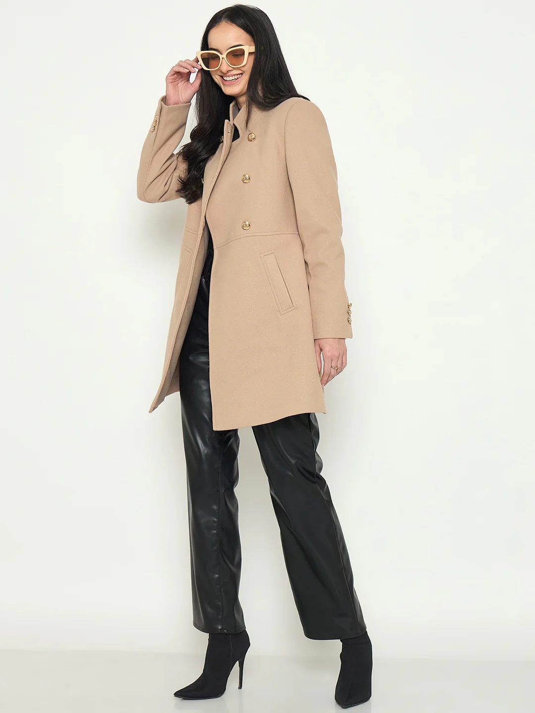 Madame Beige Long Coat with Stand COllar and Buttons - Image 3