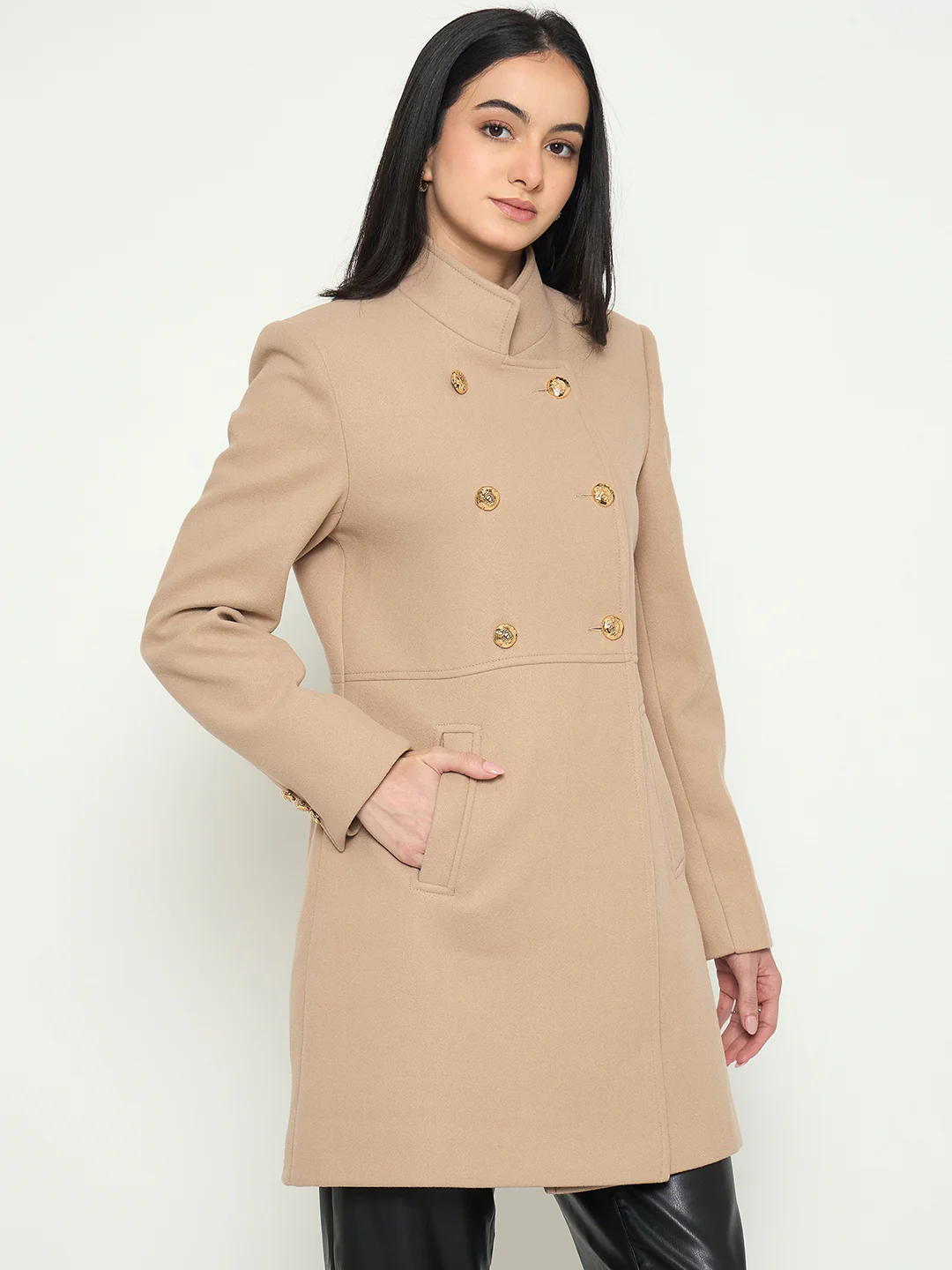 Madame Beige Long Coat with Stand COllar and Buttons - Image 4