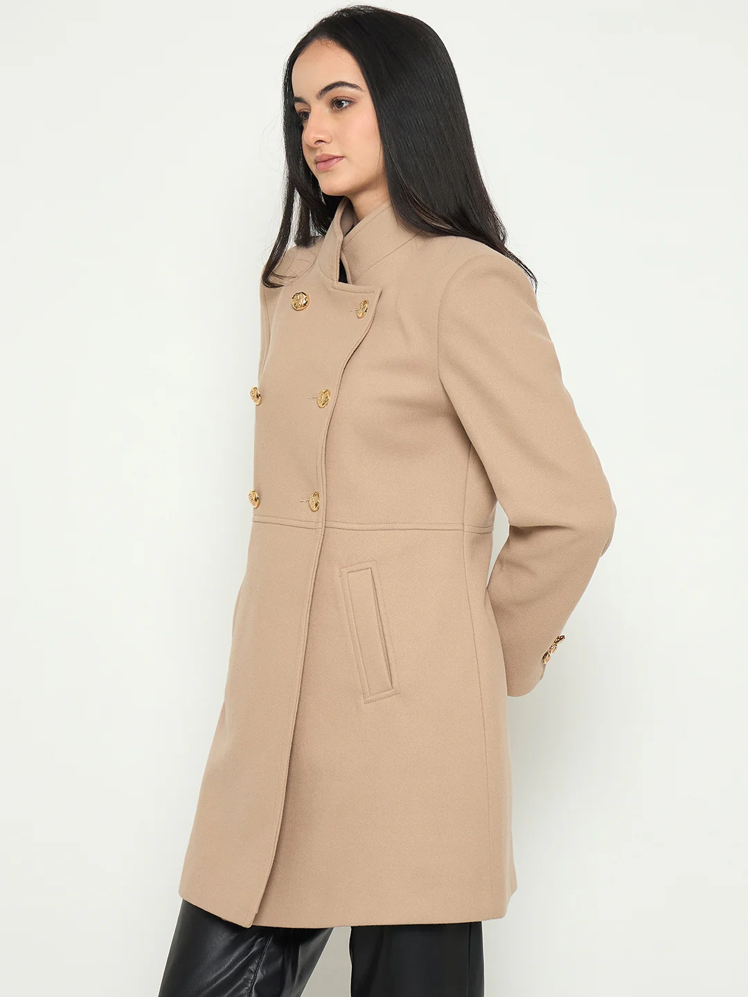 Madame Beige Long Coat with Stand COllar and Buttons - Image 5