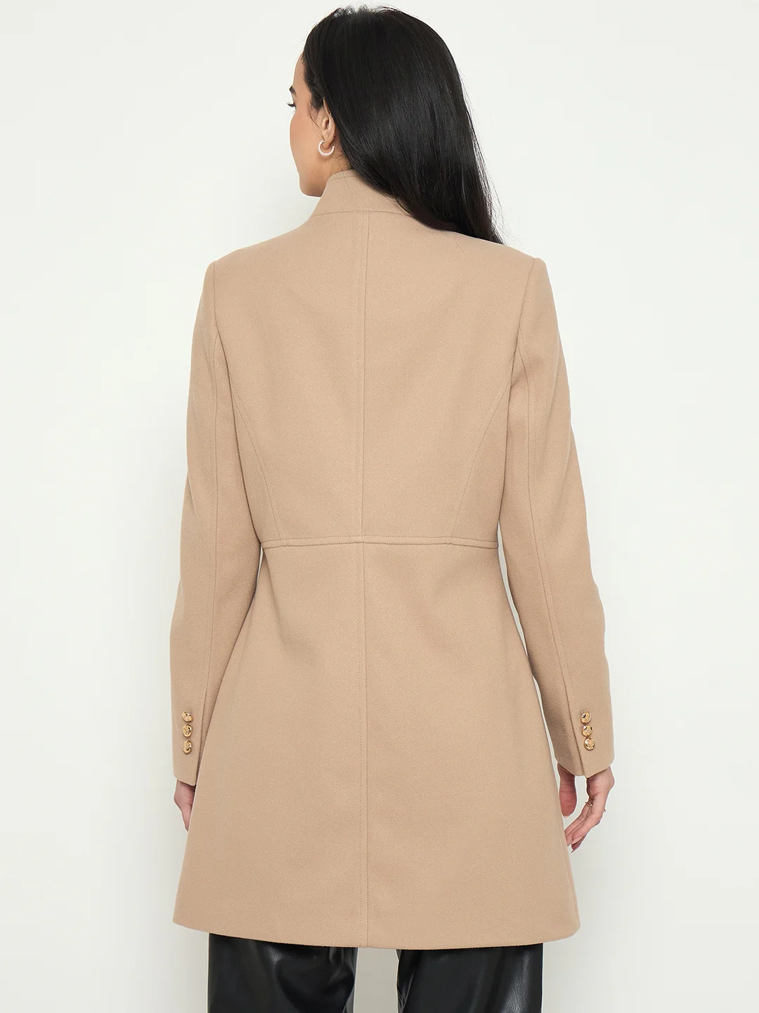 Madame Beige Long Coat with Stand COllar and Buttons - Image 6