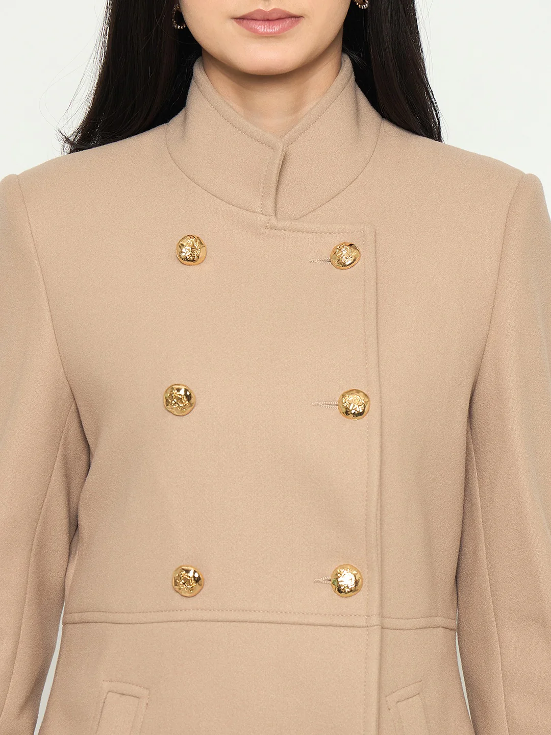 Madame Beige Long Coat with Stand COllar and Buttons - Image 7