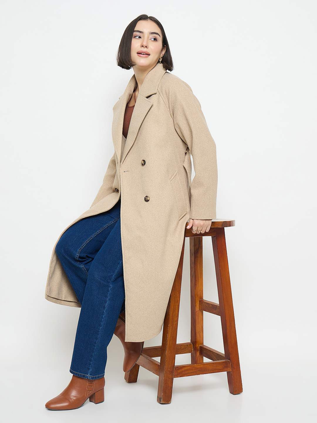 Madame Beige Belted Long Coat - Image 2