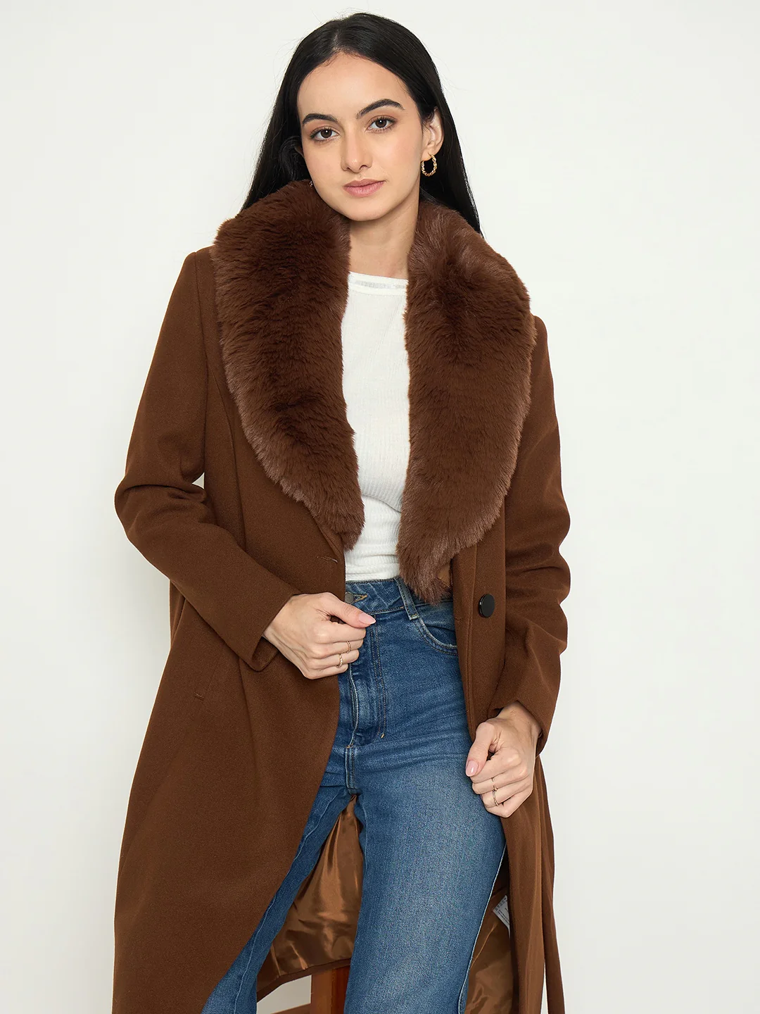 Madame Brown Long Coat with Faux Fur Shawl Collar and Belt - Image 2