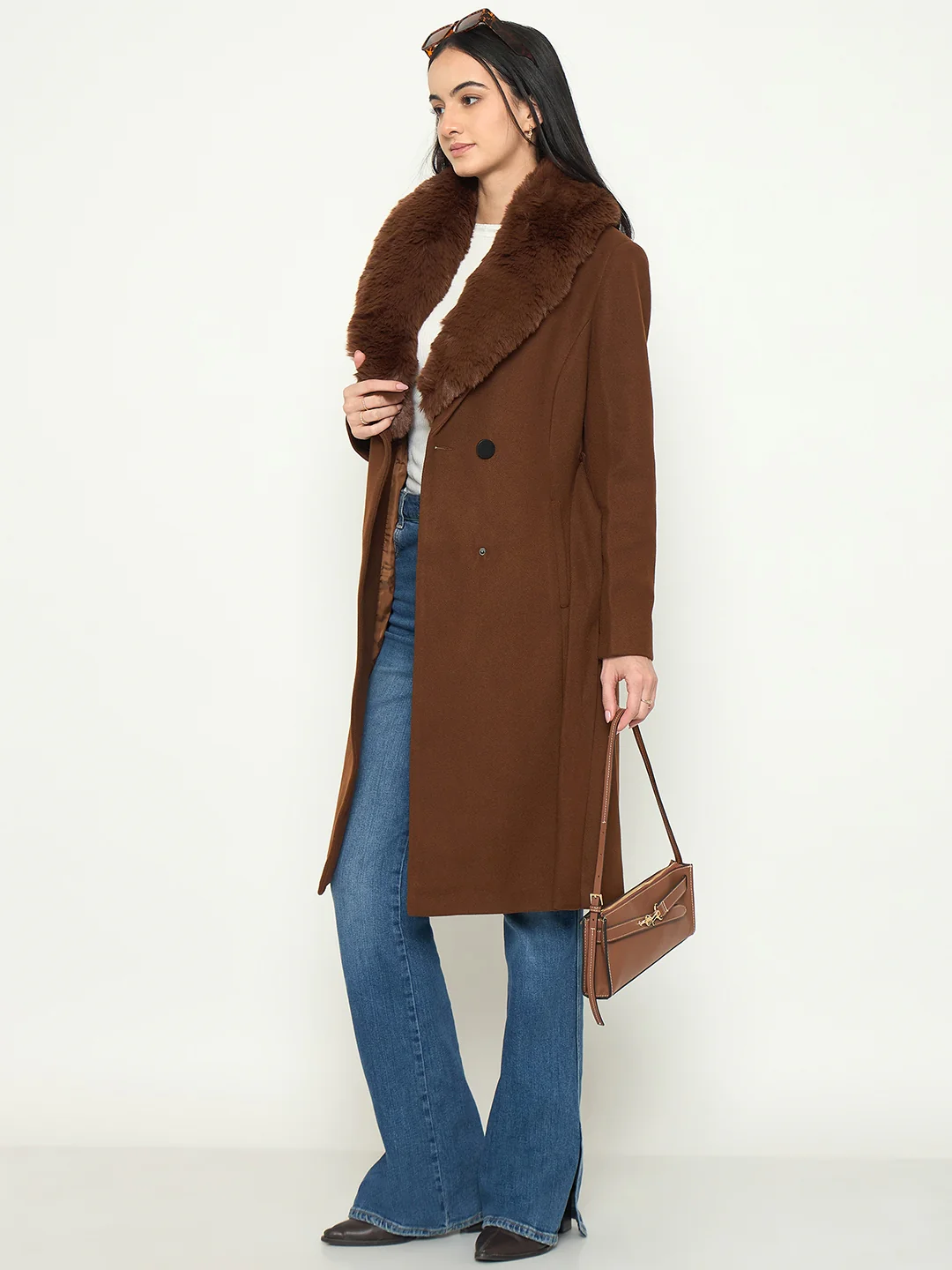 Madame Brown Long Coat with Faux Fur Shawl Collar and Belt - Image 3
