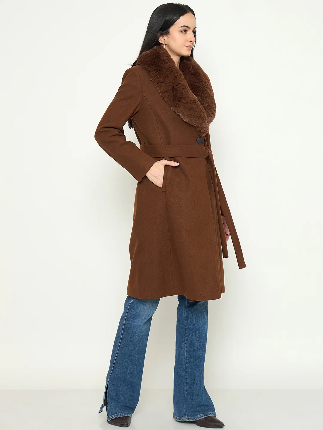 Madame Brown Long Coat with Faux Fur Shawl Collar and Belt - Image 4
