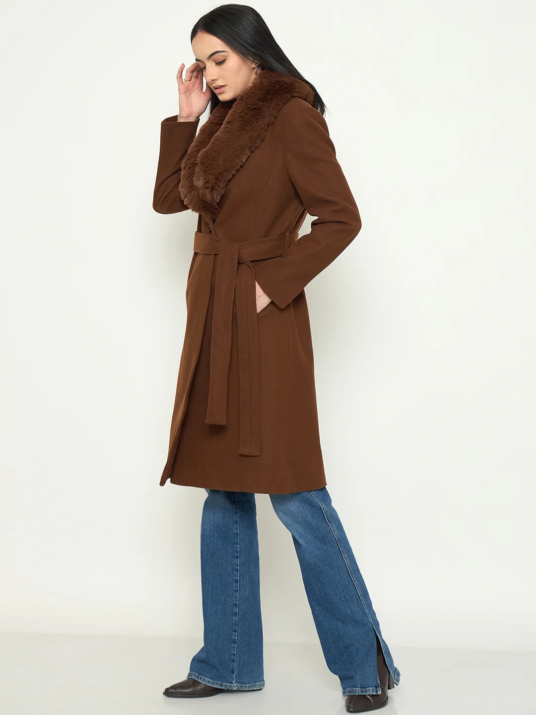Madame Brown Long Coat with Faux Fur Shawl Collar and Belt - Image 5