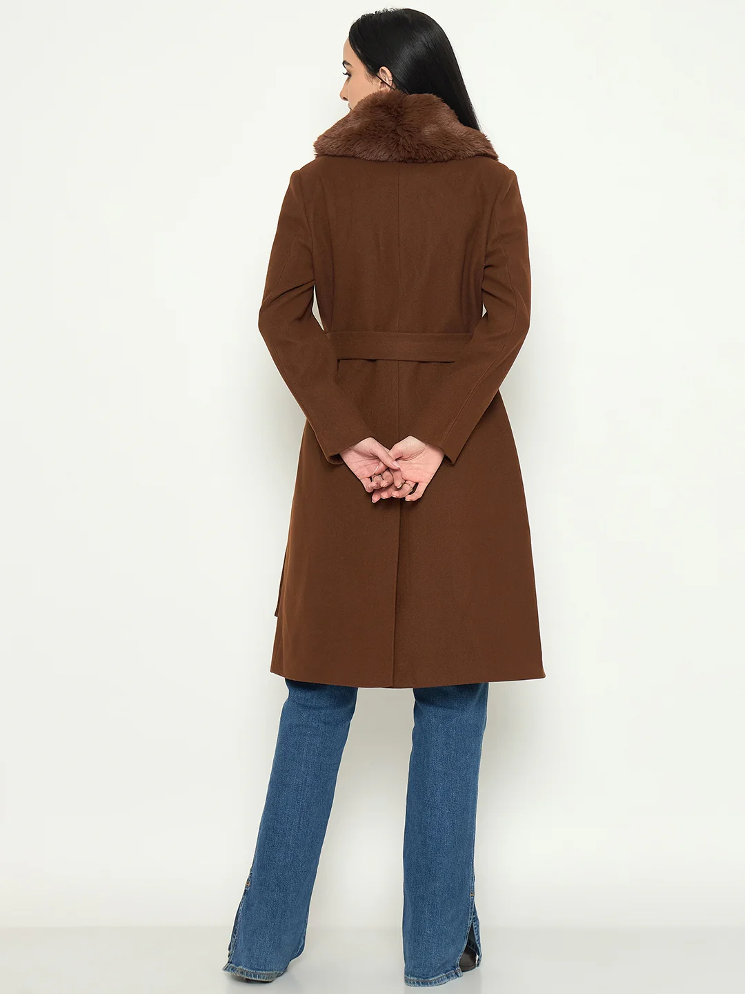 Madame Brown Long Coat with Faux Fur Shawl Collar and Belt - Image 6