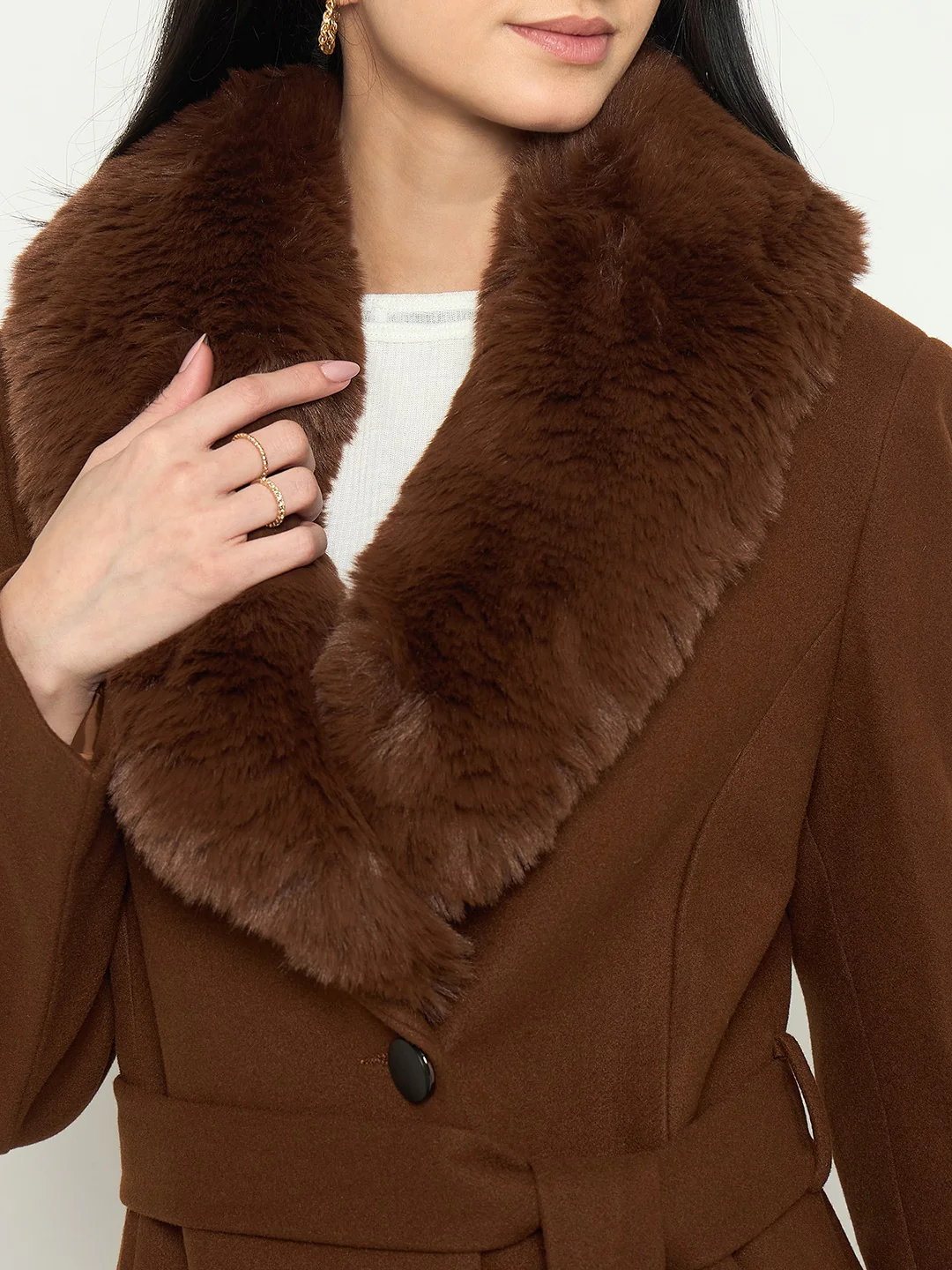 Madame Brown Long Coat with Faux Fur Shawl Collar and Belt - Image 7
