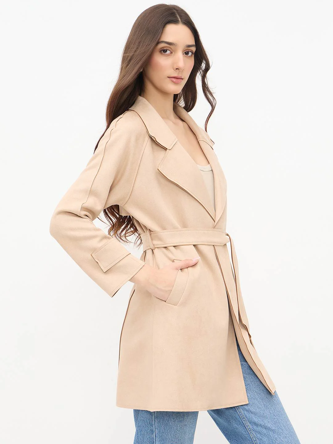 Madame Beige Trench Coat with Lapel Notch Neckline and Belt - Image 4