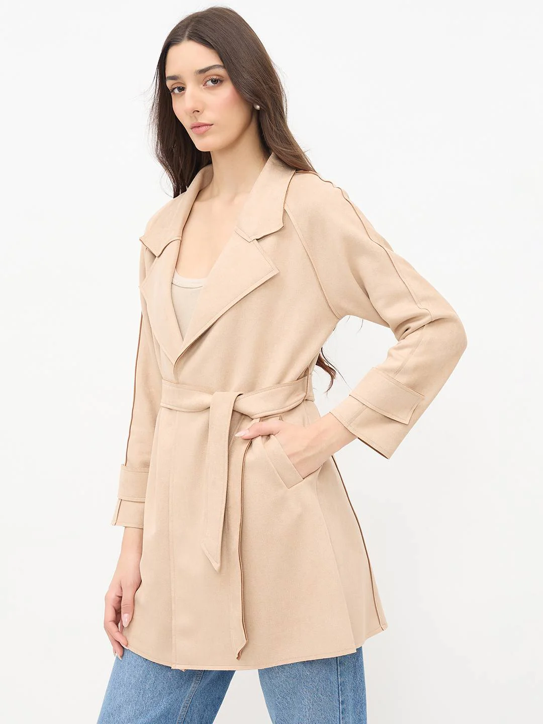 Madame Beige Trench Coat with Lapel Notch Neckline and Belt - Image 5
