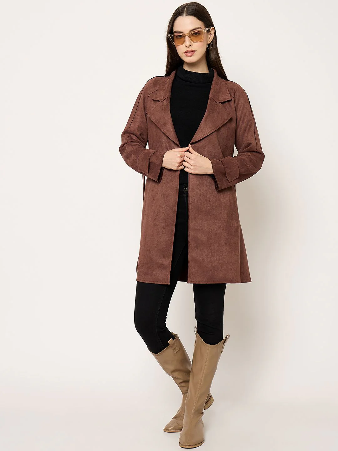 Madame Brown Trench Coat with Notch Lapel Neckline and Belt - Image 3