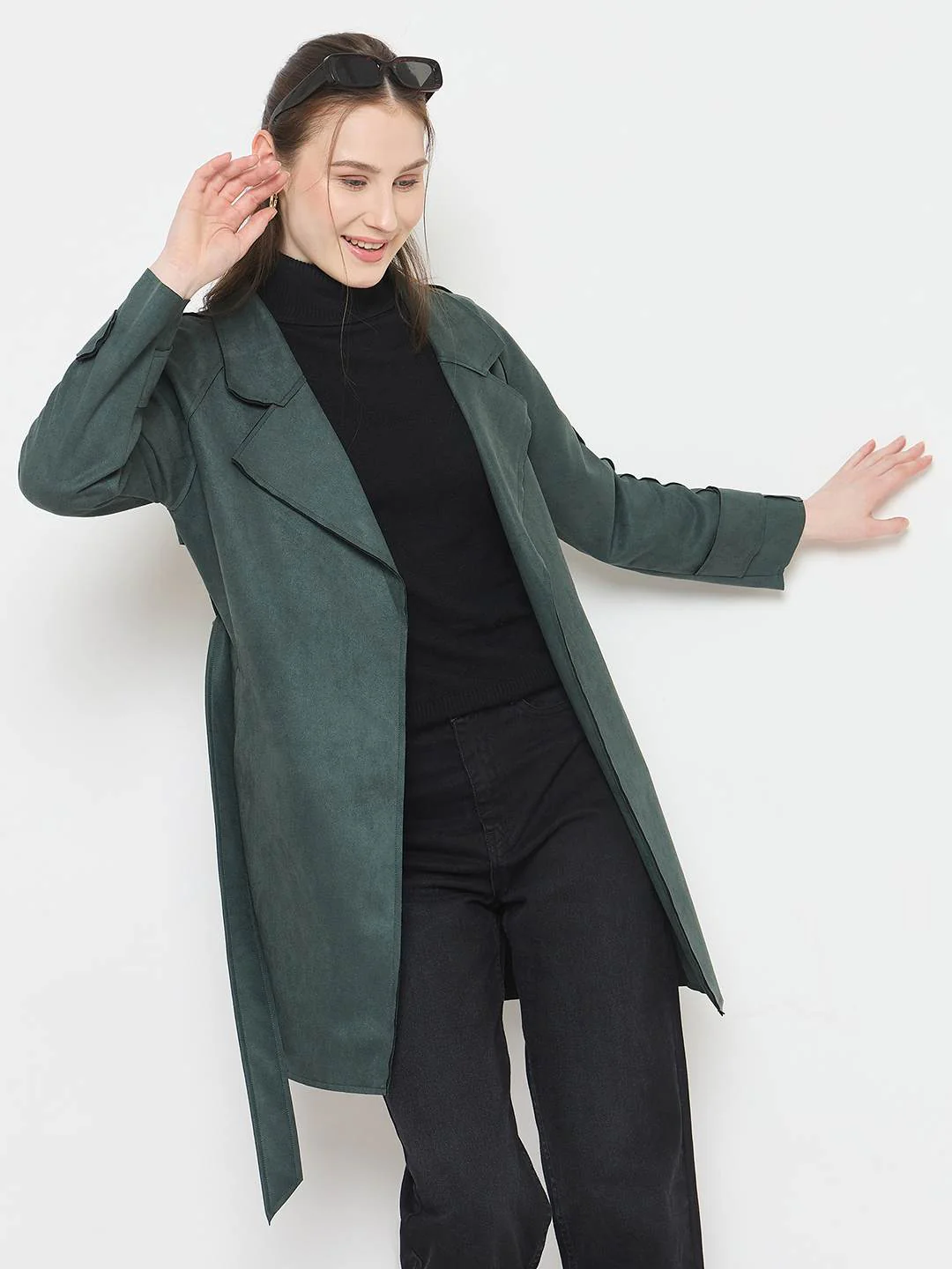 Madame Teal Trench Coat with Notched Lapel Neckline and Belt - Image 2