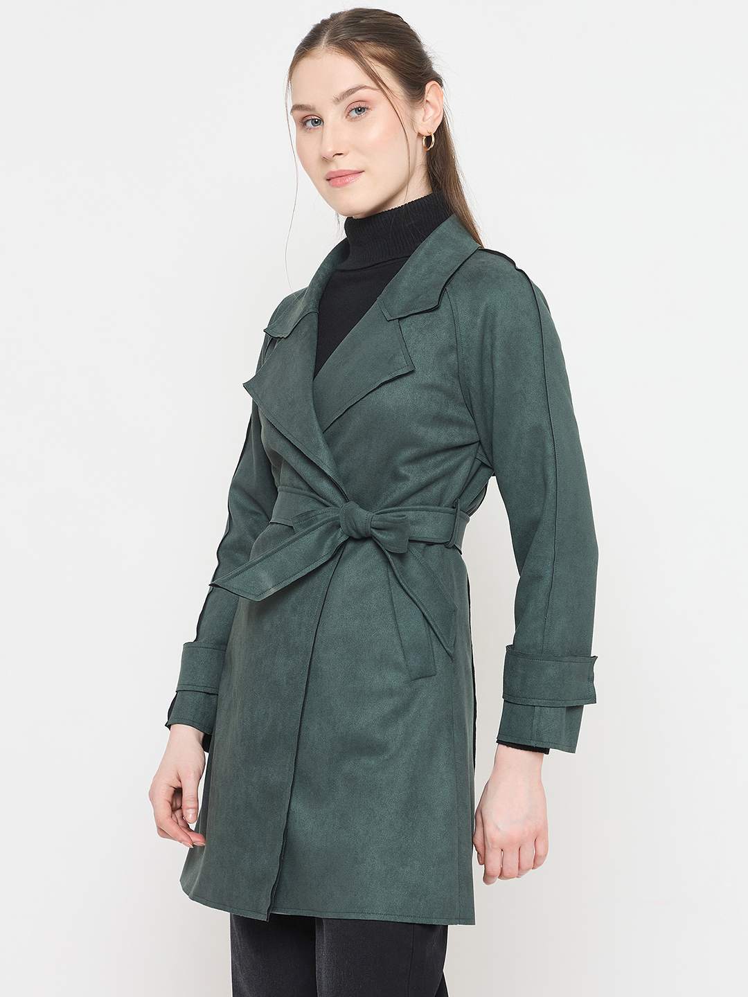 Madame Teal Trench Coat with Notched Lapel Neckline and Belt - Image 5