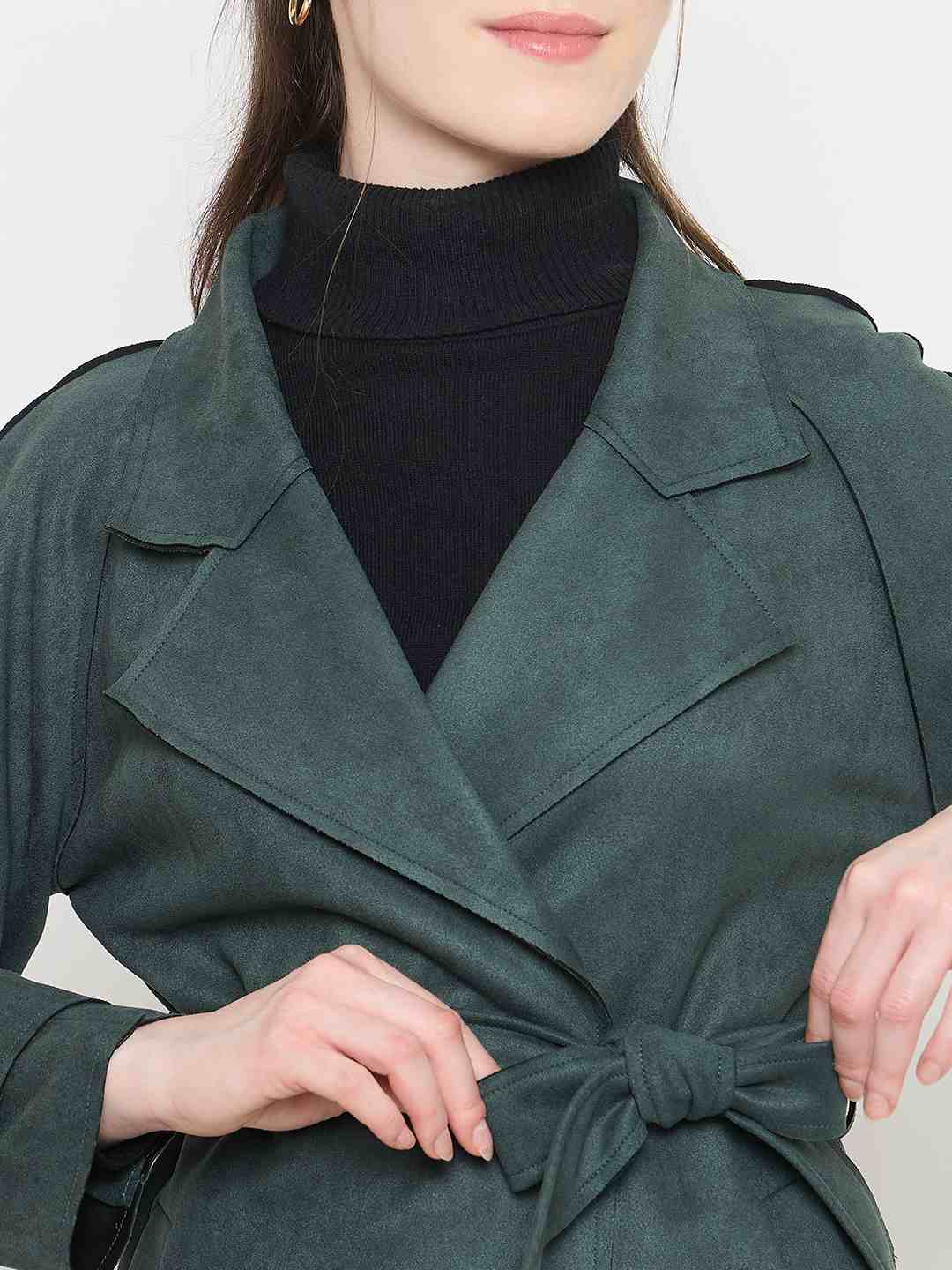 Madame Teal Trench Coat with Notched Lapel Neckline and Belt - Image 7