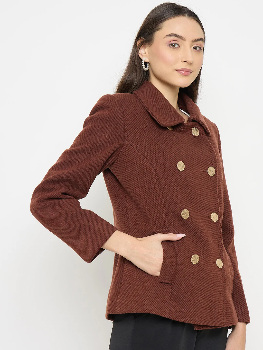 Madame Shirt Collar Brown Long Coat - Image 4