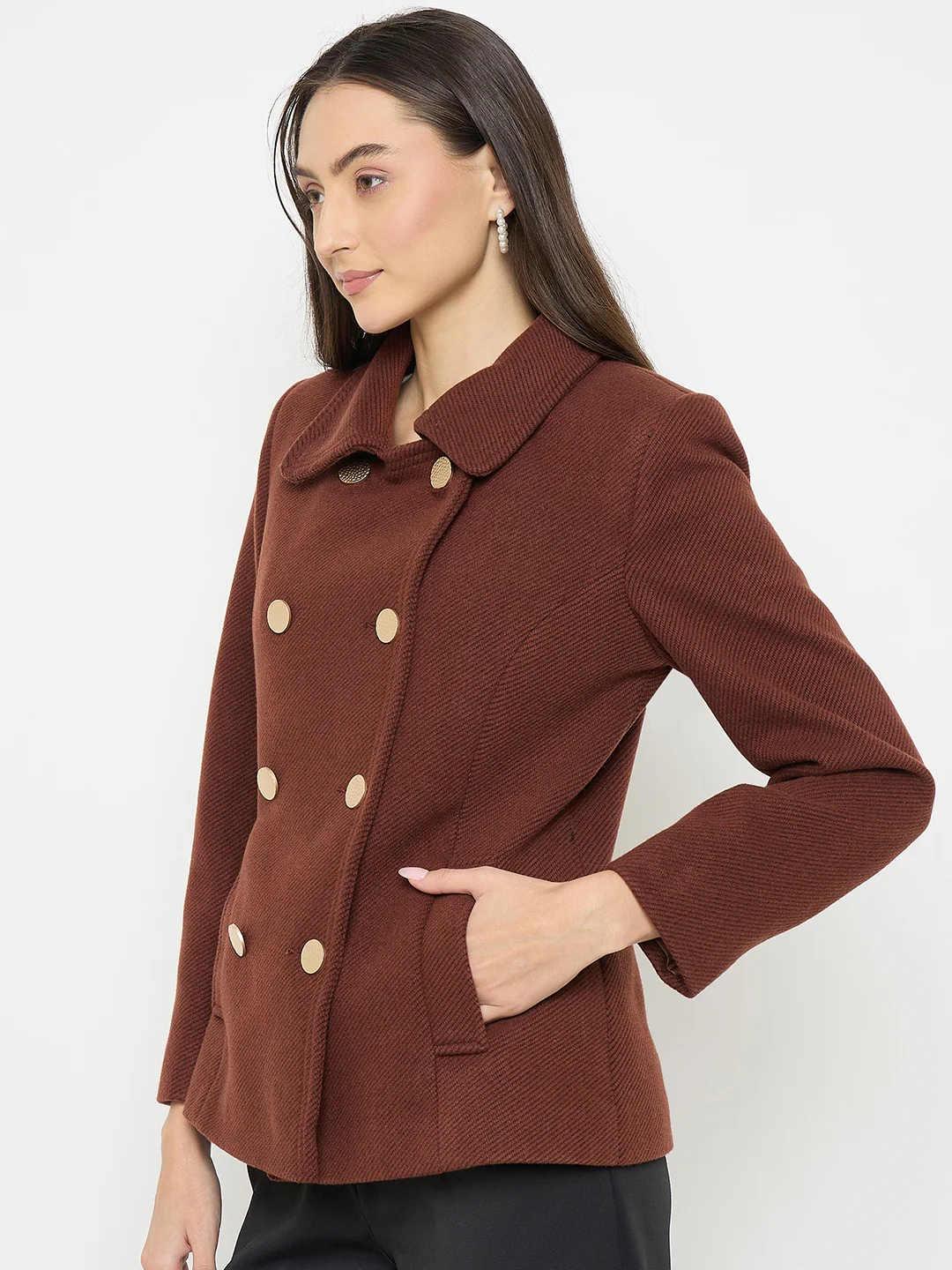 Madame Shirt Collar Brown Long Coat - Image 5