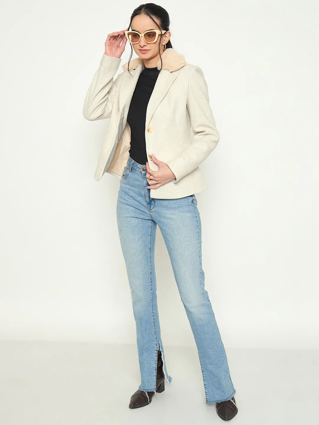 Madame Faux Fur Lapel Notch Collar Beige Blazer - Image 3