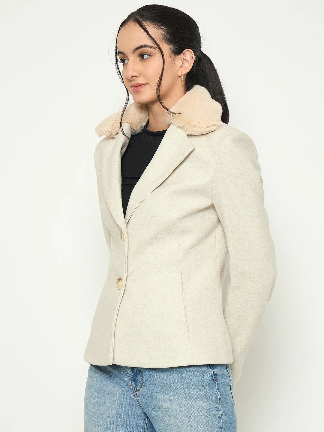Madame Faux Fur Lapel Notch Collar Beige Blazer - Image 5