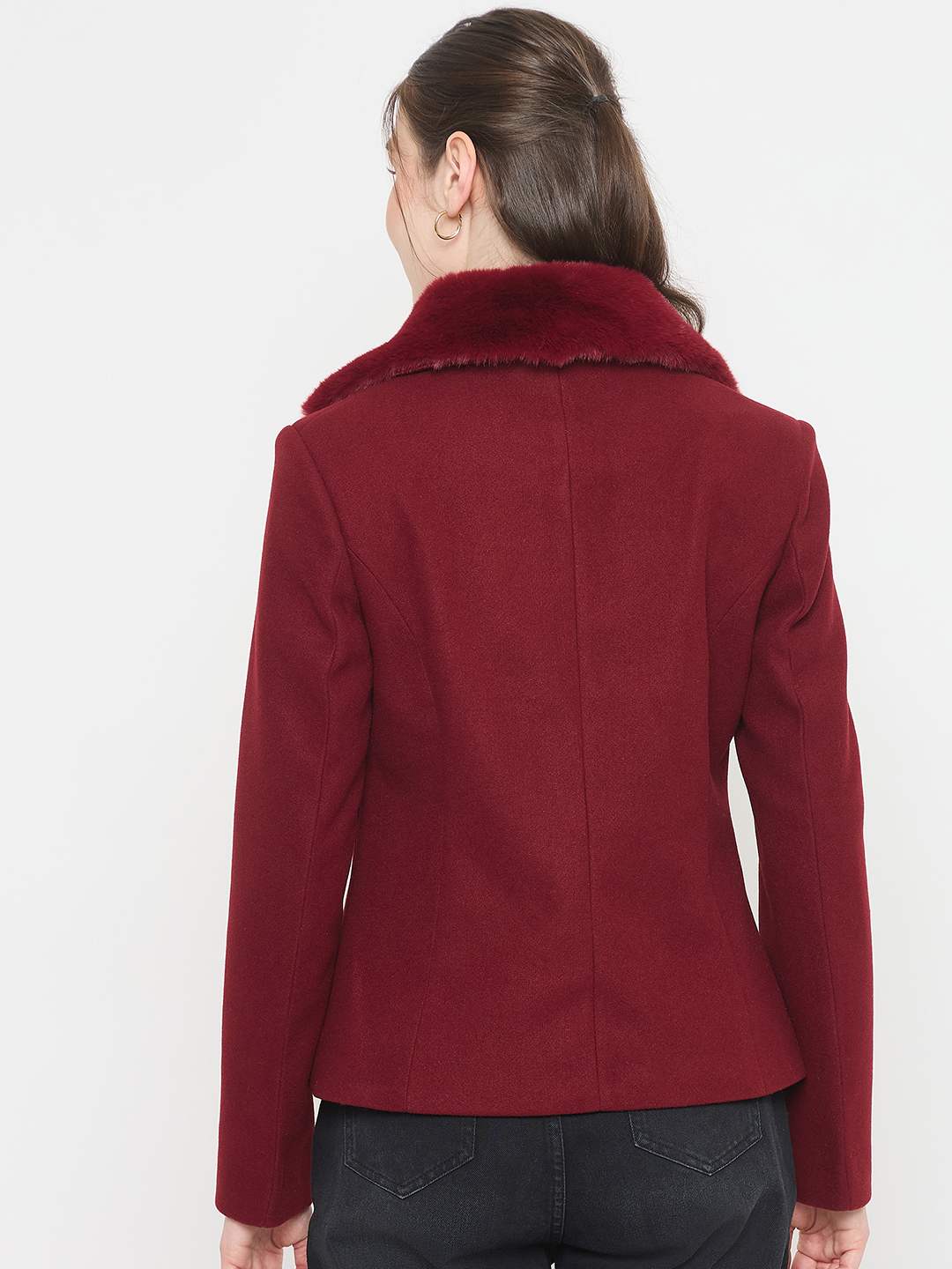 Madame Maroon Short Coat with Faux Fur Notched Lapel Neckline - Image 6