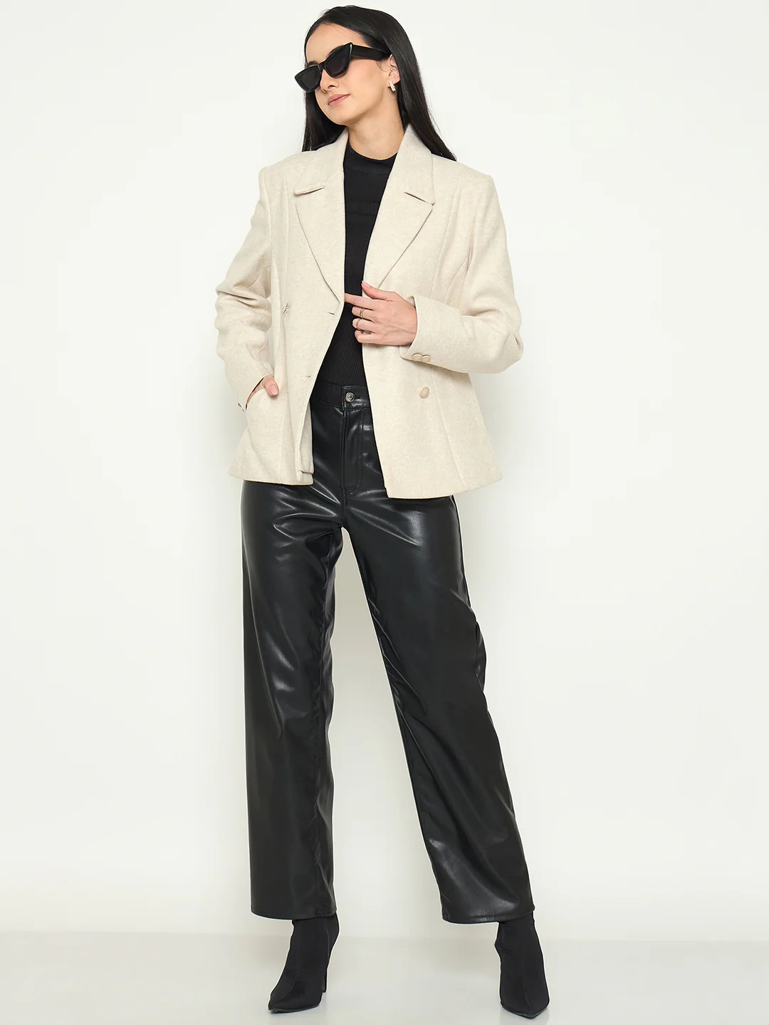 Madame Notch Lapel Beige Coat - Image 3