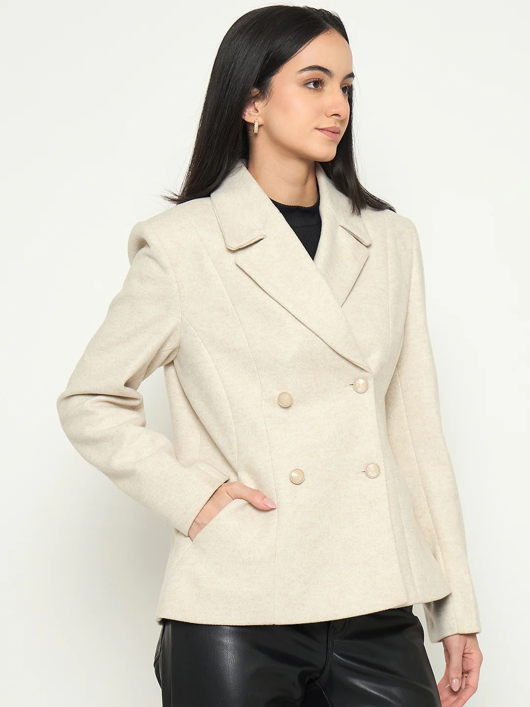 Madame Notch Lapel Beige Coat - Image 4
