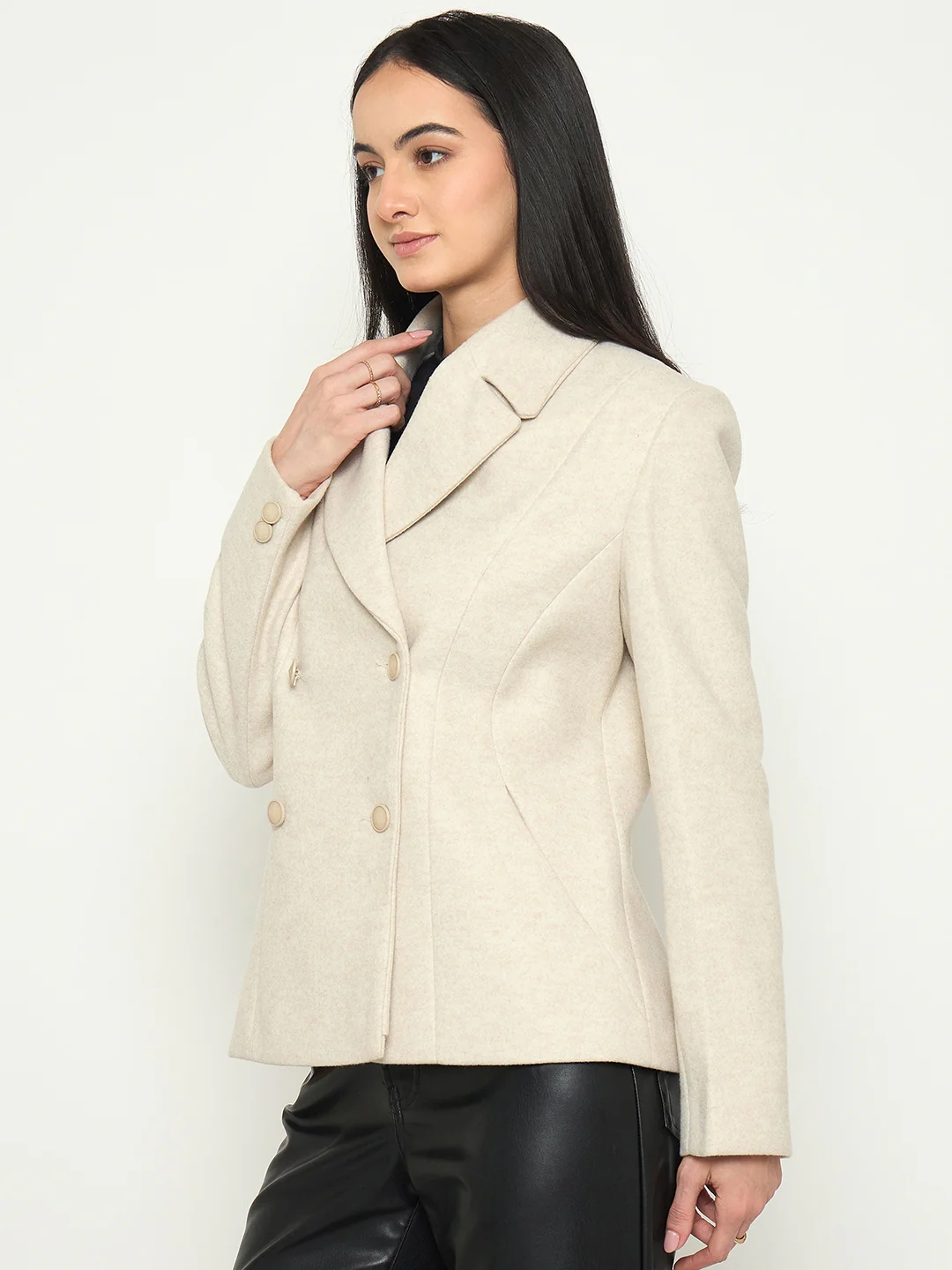 Madame Notch Lapel Beige Coat - Image 5