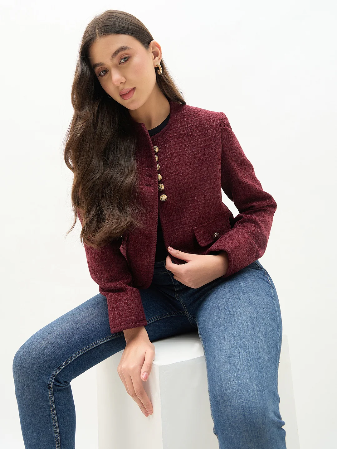 Madame Round Neck Embellished Maroon Blazer - Image 2