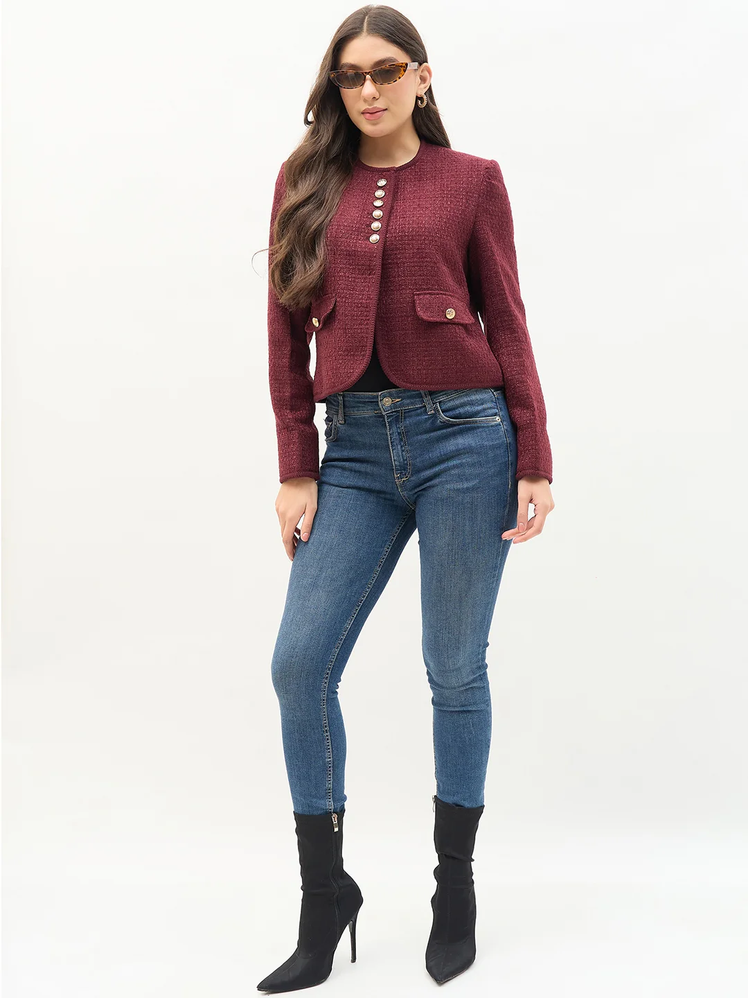 Madame Round Neck Embellished Maroon Blazer - Image 3