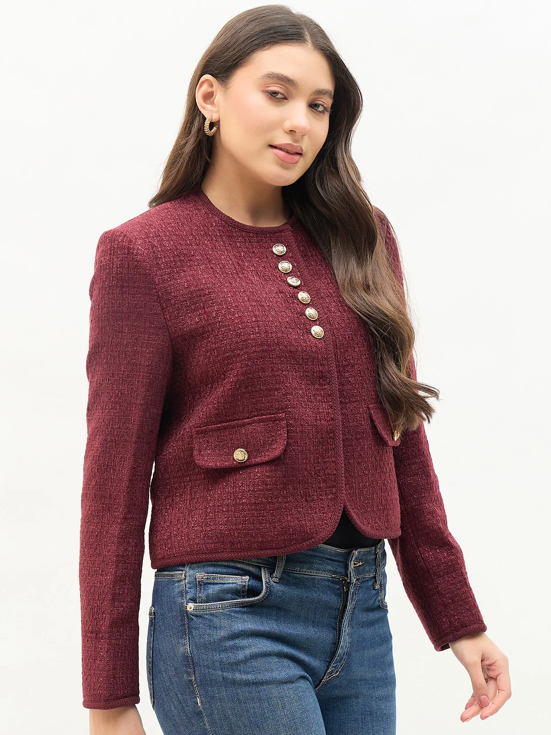 Madame Round Neck Embellished Maroon Blazer - Image 4
