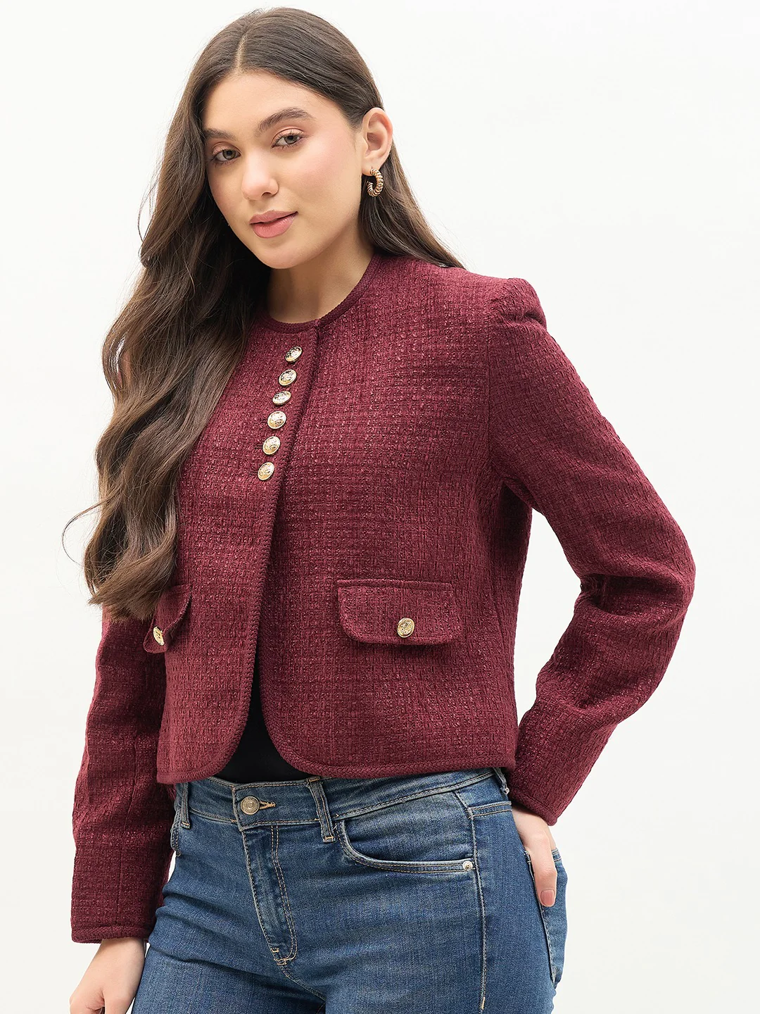 Madame Round Neck Embellished Maroon Blazer - Image 5