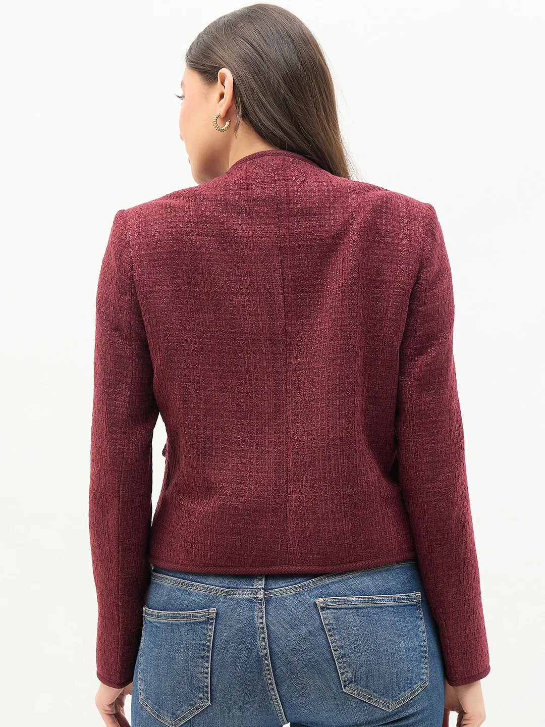 Madame Round Neck Embellished Maroon Blazer - Image 6