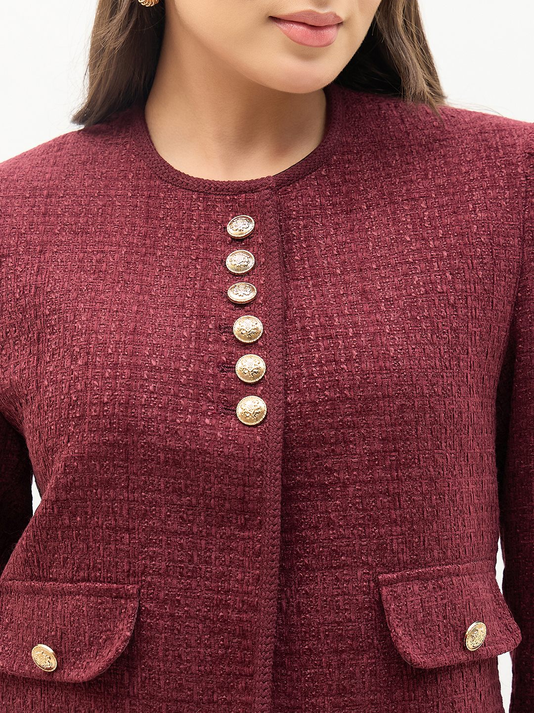 Madame Round Neck Embellished Maroon Blazer - Image 7