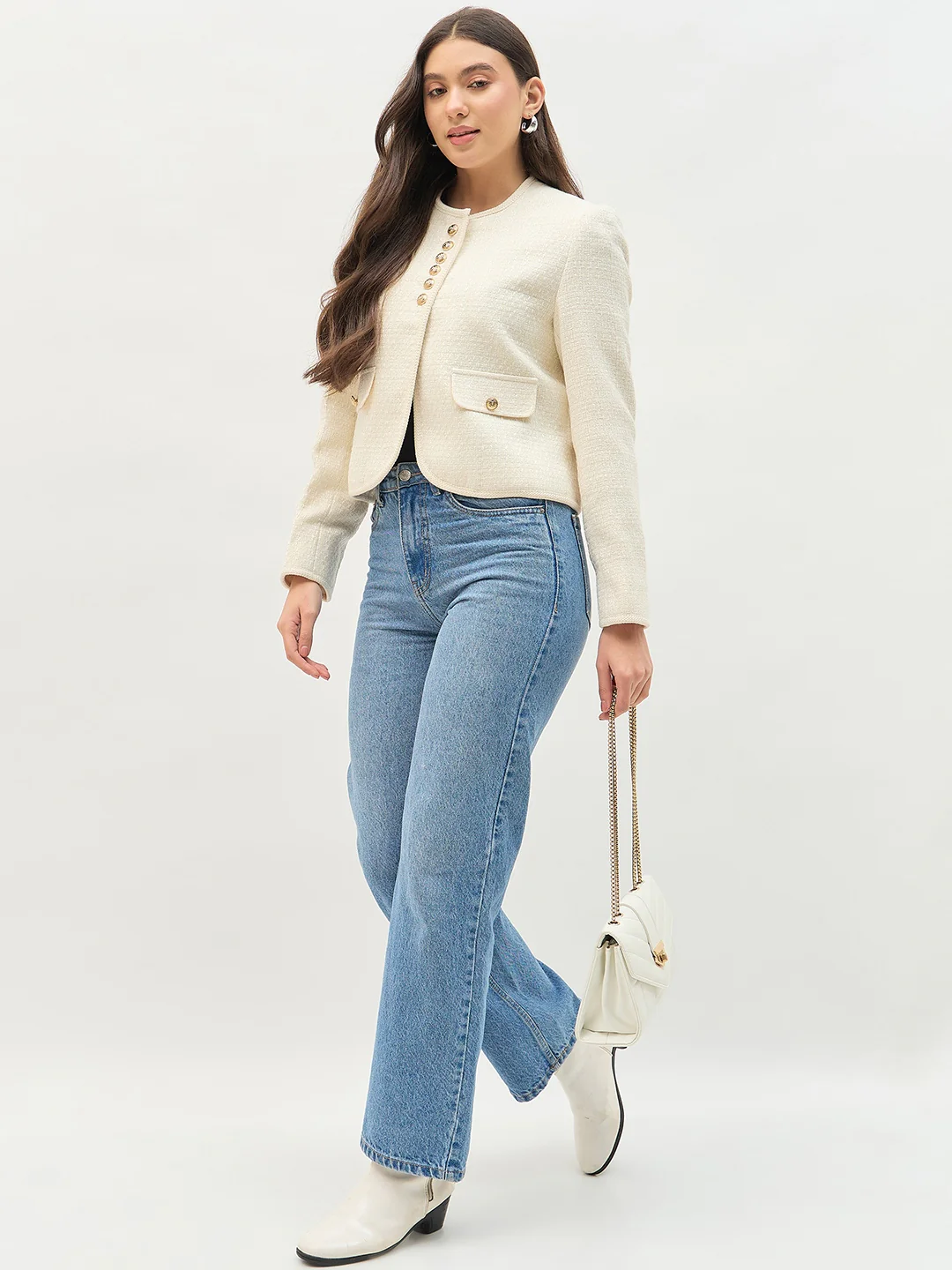 Madame Round Neck Embellished Off White Blazer - Image 3