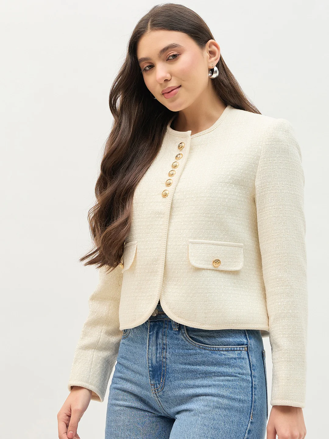 Madame Round Neck Embellished Off White Blazer - Image 4